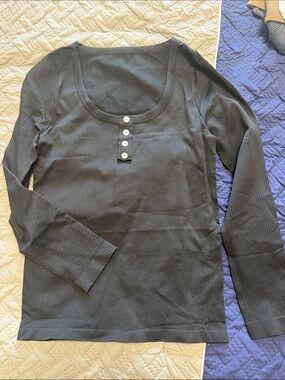 OQQ Black Ribbed Long Sleeve Henley Top with Button Placket